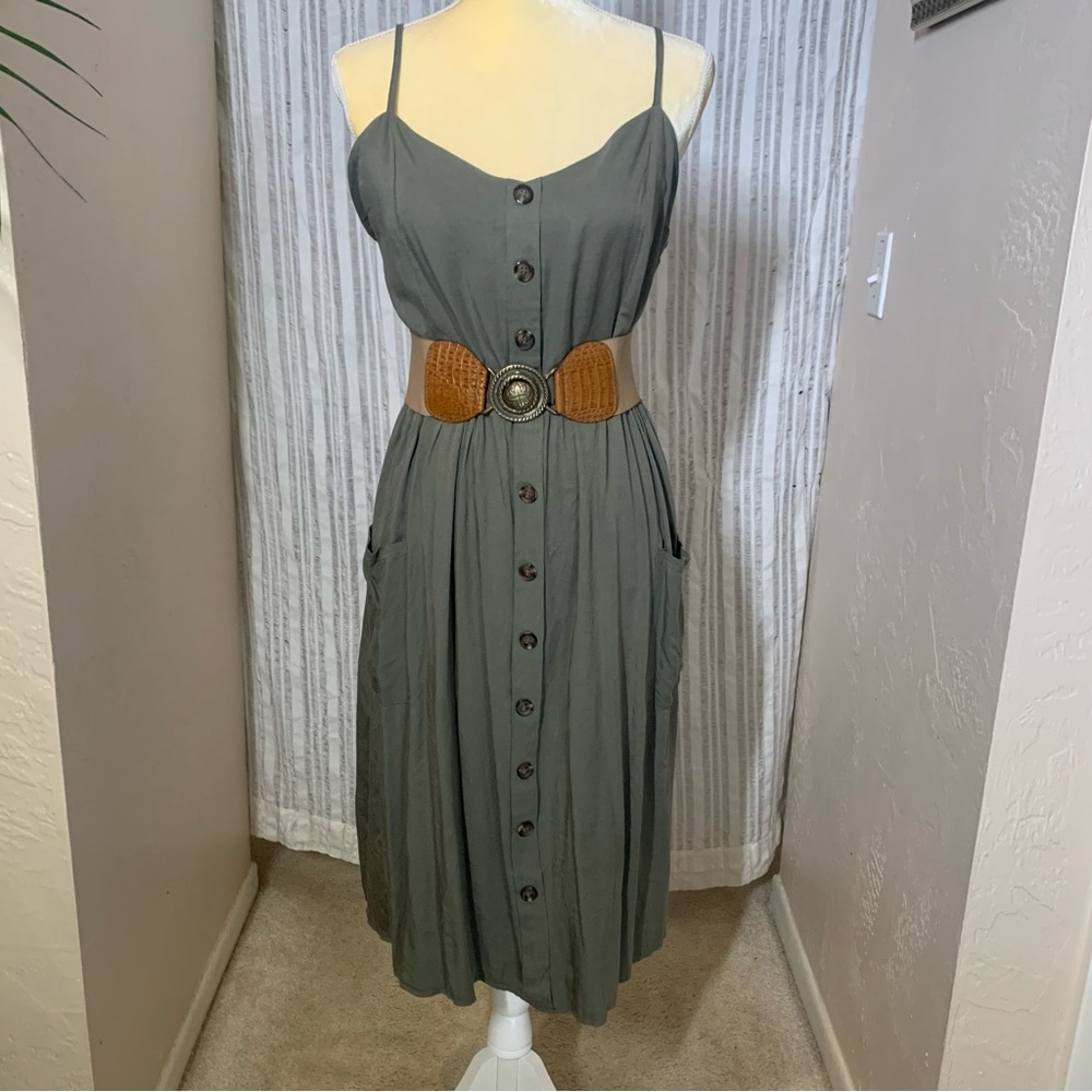 Simple domestic A line dress. Dark green.